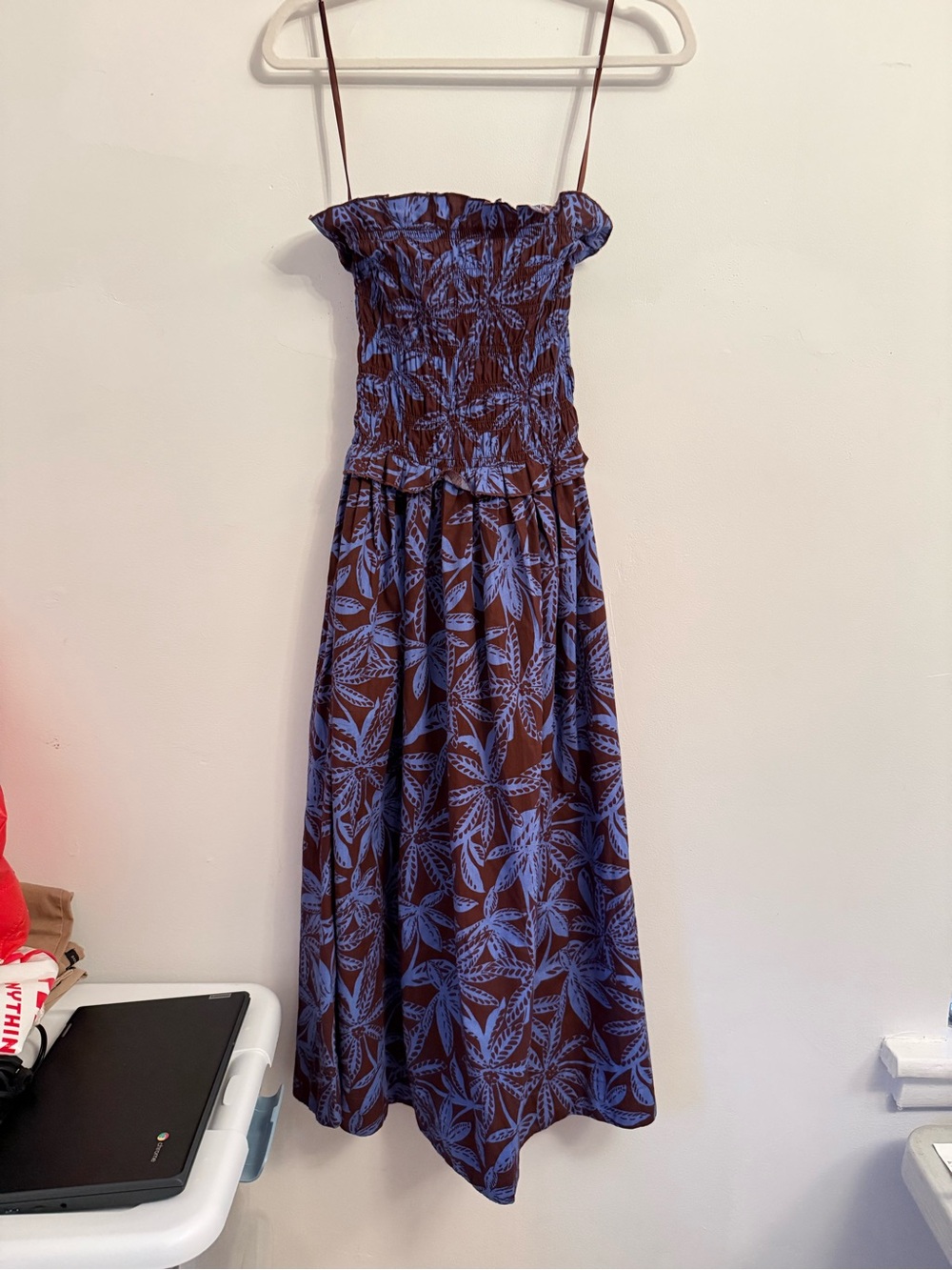 Band of the Free LA | Smocked Brown Maxi Dress with Blue Leaf Print